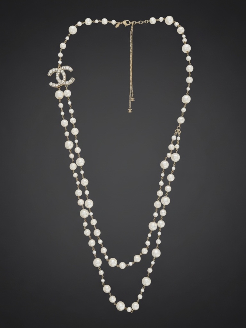 Authentic Chanel A10 Faux Pearl Double-Strand CC Long Necklace – Adjustable